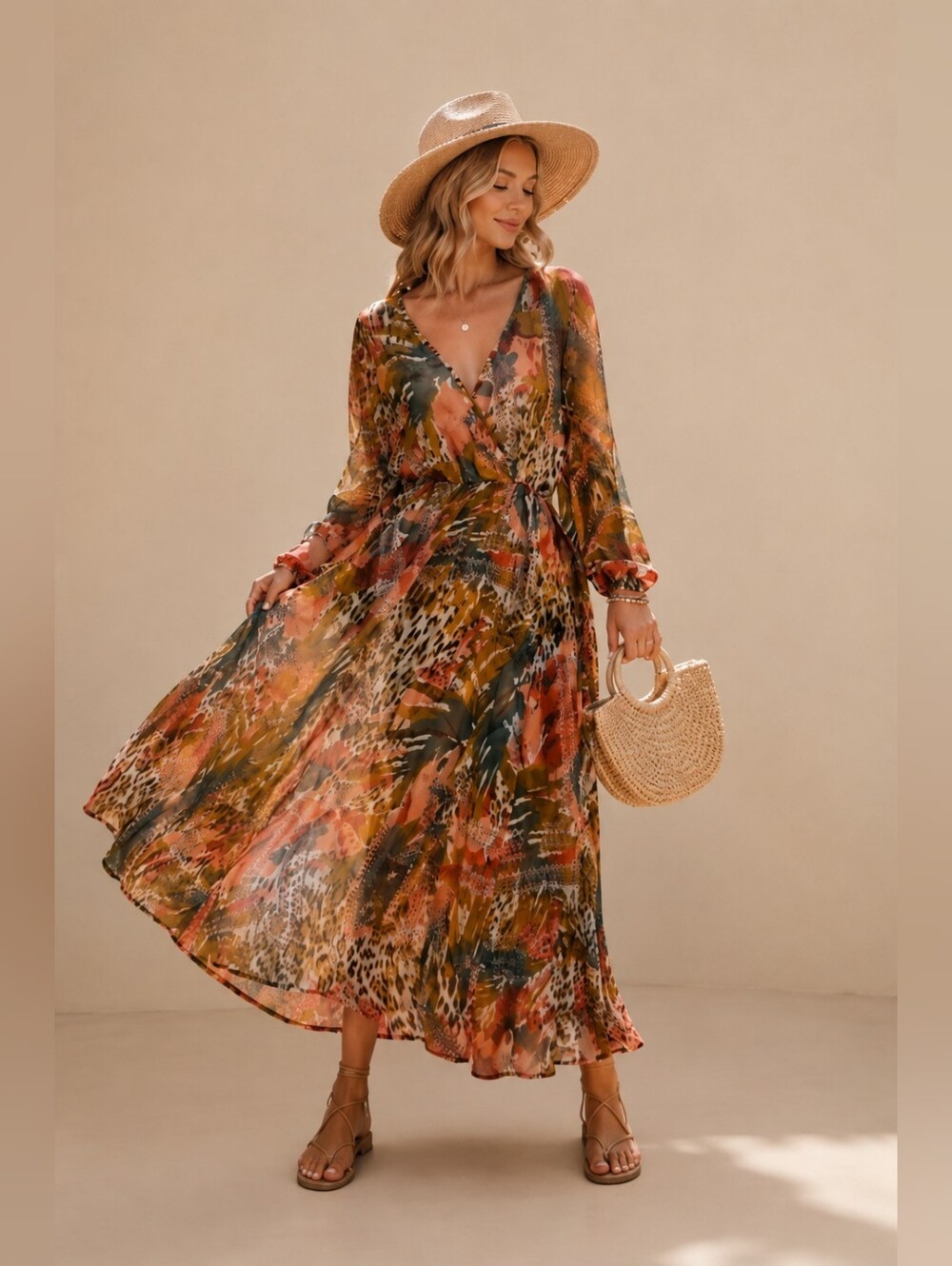 Bohemian Wrap Maxi Dress - Orange Multi Floral